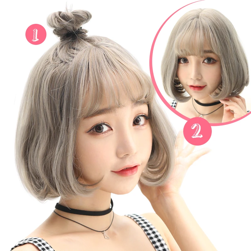 

MUMUPI Brown Short Wigs Bob Style Straight Synthetic Black Women's Wig with Bangs 12 Inches Soft Hair Gray Wig