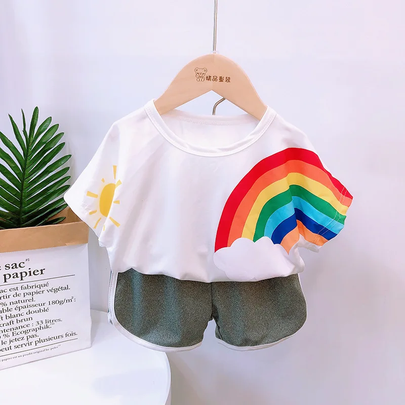 

Summer Kids Sets Toddler Kids Clothes Sets Kids Cotton Rainbow Print T-shirt + Sports Shorts Two-piece Children's Clothing