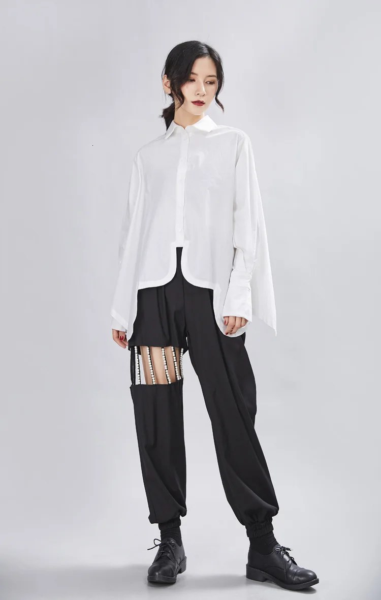 [EAM] Женская плиссированная Асимметричная блузка большого размера, новая свободная рубашка с отворотом и длинным рукавом, модная весенняя Осенняя 1A332