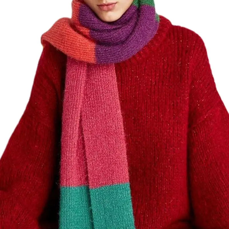 

200x50cm Women Girls Winter Knitted Oversized Long Scarf Shawl Rainbow Colorful Stripes Patchwork Neck Warmer Blanket Wraps