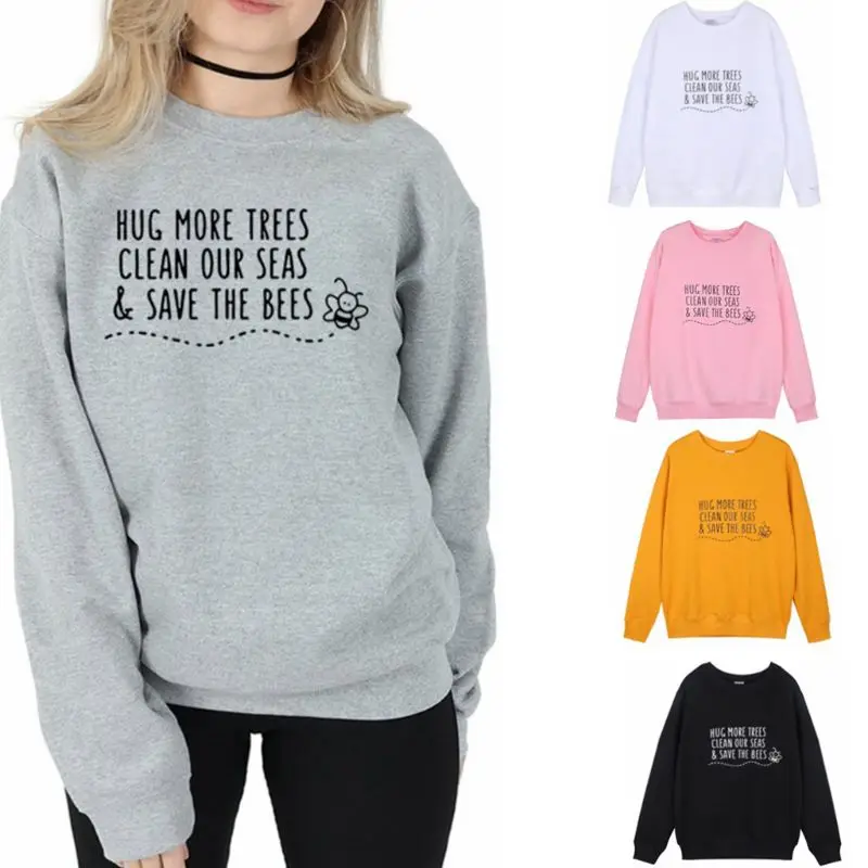 

Women Long Sleeve Crew Neck Sweatshirts Funny Letters Print Casual Pullover Tops Environmental Protection Graphic Slogan T-Shirt