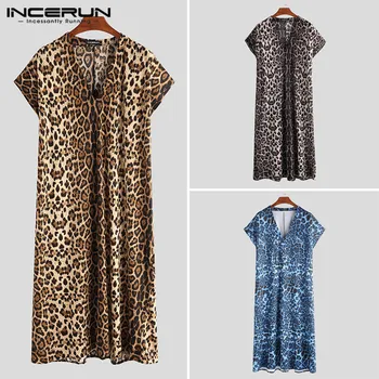 

INCERUN Fashion Leopard Print Men Robes Casual Homewear Short Sleeve V Neck Loose Bathrobe Nightgown Abaya Men Muslim Kaftan