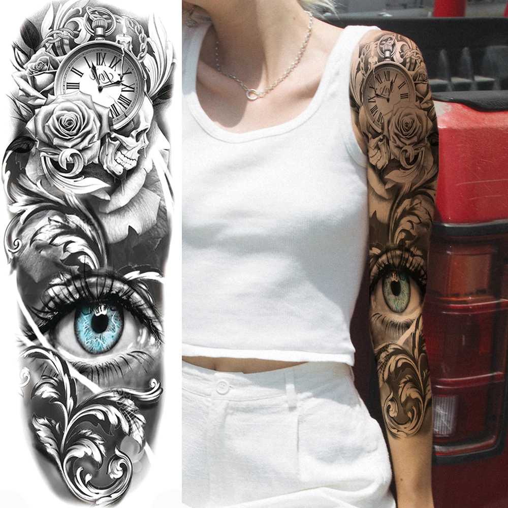 Realistic Eye Compass Temporary Tattoos For Men Women Body Art Full Arm Sleeve Clock Flower Tatoo Waterproof Fake Tattoo Sticker | Красота и