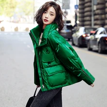 

New Women Green Glossy Down Jacket Winter 2022 Fashion Solid Color Stand Collar Short Loose No-wash Down Coat Thick Outerwear