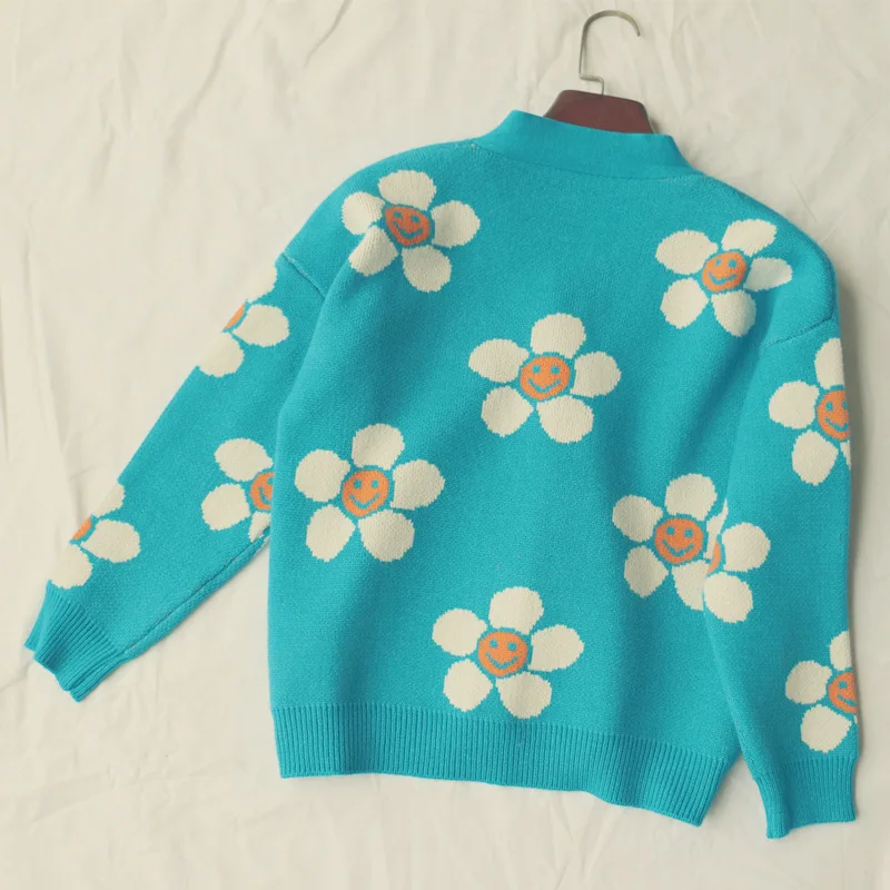 Happy Flower V Neck Loose Knit Cardigan 