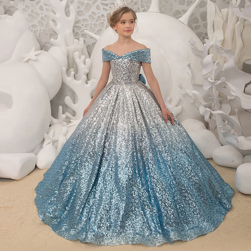 

2022 Girls Wedding Dress Word Shoulder Elegant Dress Prom Evening Formal Bridesmaid Princess Dresses Children Communion Clothing