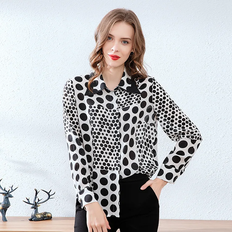 

women blouse spring autumn 100% silk loose casual long-sleeves turn-down collar polka dok chiffon shirt new women top k120