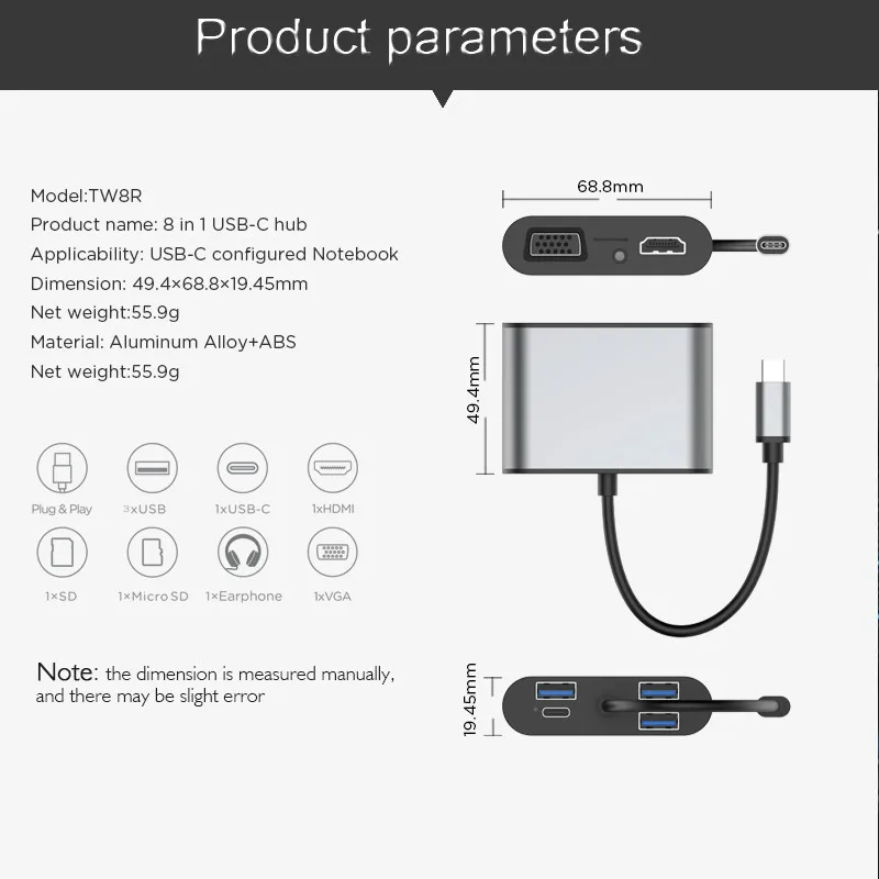 Basix USB C концентратор USB-C к HDMI VGA адаптер Thunderbolt 3 тип-c PD TF 3,5 мм считыватель слот USB3.0 концентратор для MacBookPro huawei P20 Pro