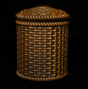 

Wedding Decoration China Folk Collect Old Boxwood Wood Carving Jar Pot tea canister caddy Statue