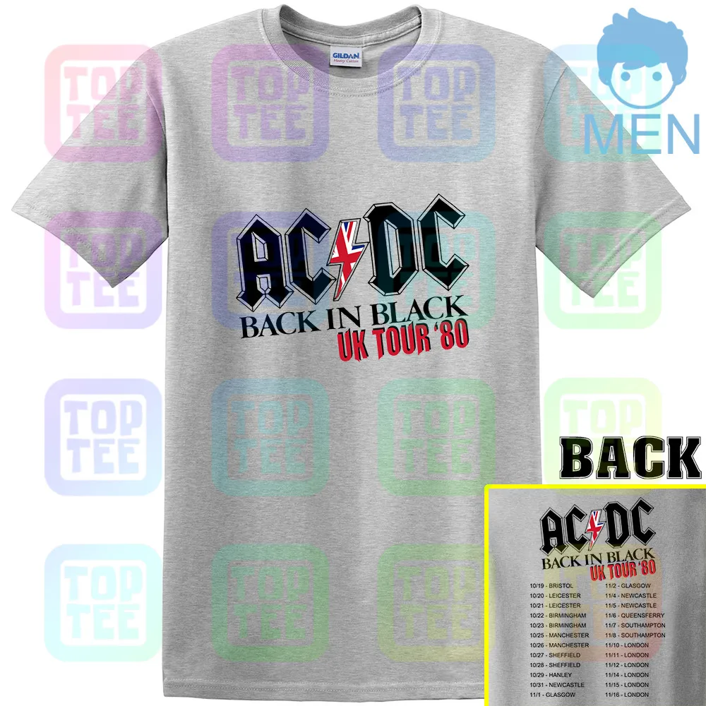 ACDC Back in Black UK Tour 1980 Мужская футболка Винтаж Рок-Группа Альбом Music Merch - Цвет: MEN-GRAY