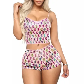 

Women Sexy lingerie Casual Print Pajama Sets Eleagnt Sleeveless Crop Top and Shorts set pyjama femme Ladies night suit sleepwear