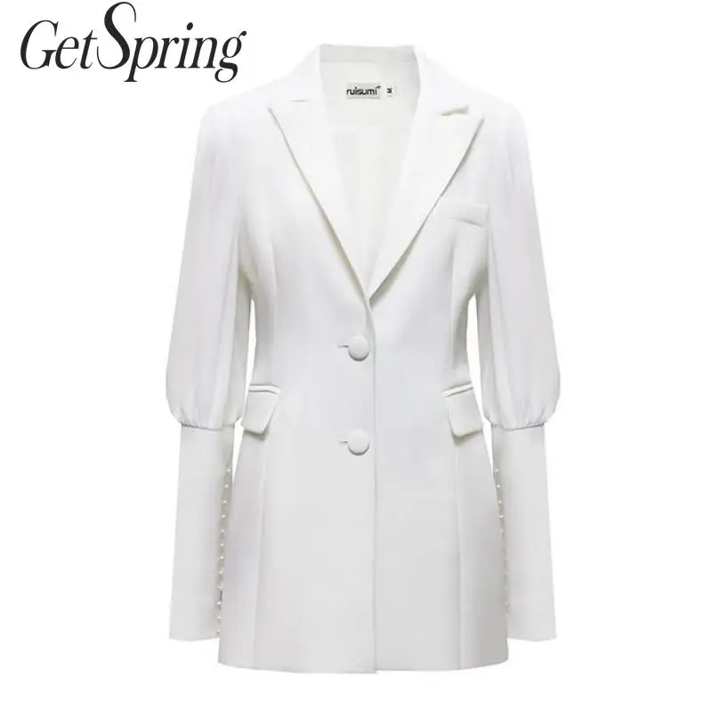 

GetSpring Women Blazer Single Breasted Long Sleeve Ladies White Blazer Coat Elegant Women's Slim Suit Jacket Long Women Jacket