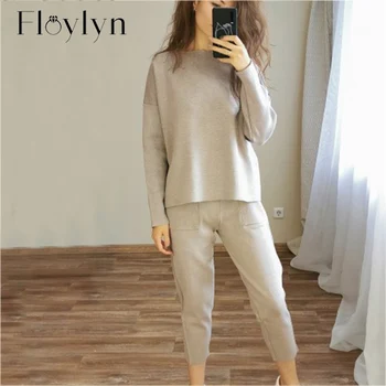 

Casual Sweater Tracksuit O-neck Pullovers & High Waist Pants Women Sweater Sets Knitted Set Autumn Winter Knitted 2 Pieces Set