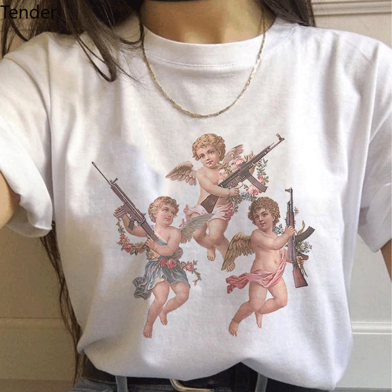 

Summer 2020 Harajuku Kawaii T Shirt Angel Michelangelo Aesthetics Women Vogue Print plus size Short Sleeve Top Camiseta Mujer