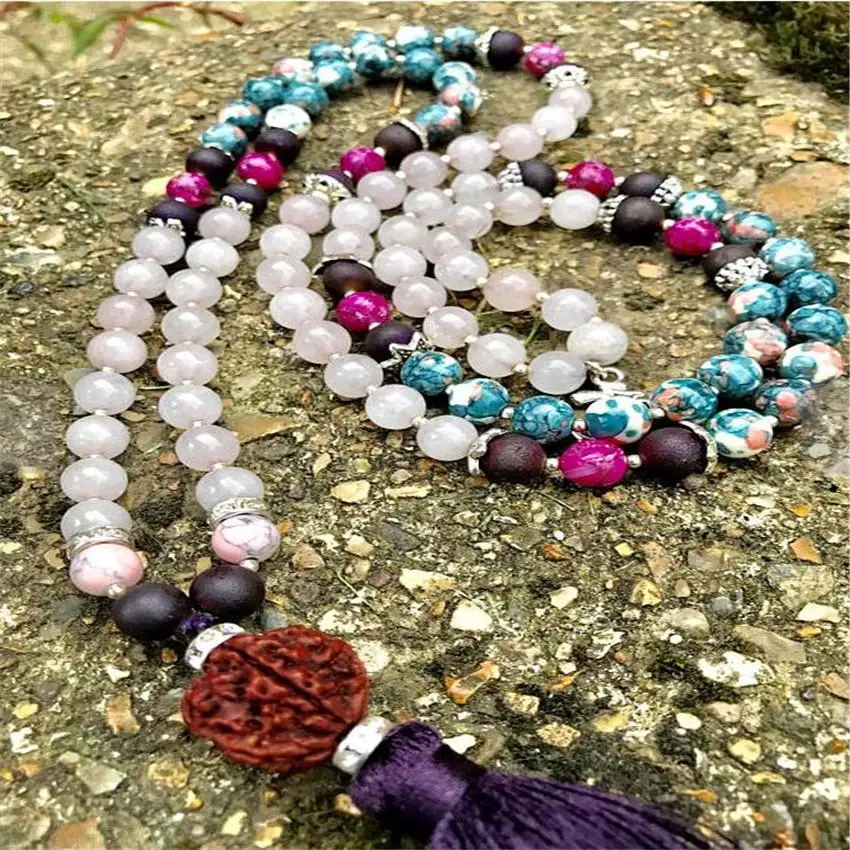 8mm Pink crystal Gemstone 108 Beads Tassels Mala Necklace MONK Wristband Reiki Chakas Handmade Buddhism chain Lucky natural pray