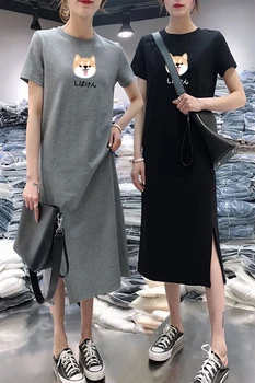 

Women Summer Dress cartoon printed Korean Kawaii Short Sleeve Plus Size T Shirt Dresses Female Fashion Black gray clothes O-Neck