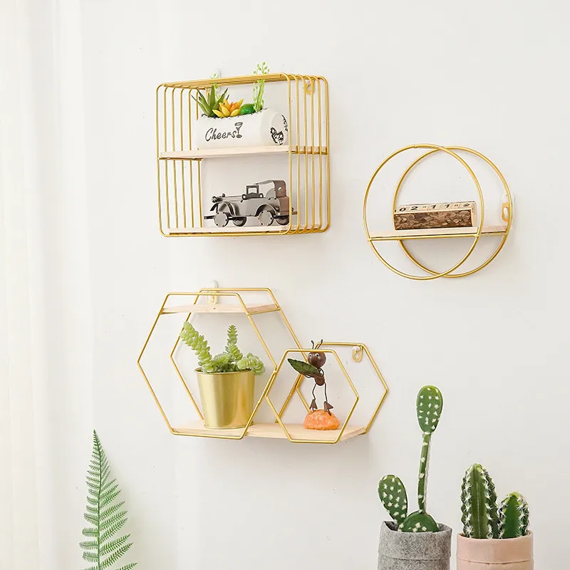 New Wooden Gold Storage Racks Hanging Decor Storage Box Flower Pot House Storage Rack Wall Book Figurines Display Crafts Shelves afbeelding