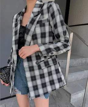 

Fashion Plaid Blazer Women Vintage Office Wear Blazer Coat Black Lattice Long Sleeve Women Outerwear Autumn Winter 2020
