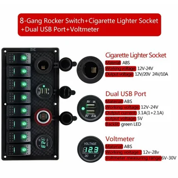 

8Gang Car Marine 3.1A Dual USB Toggle Switch Panel Green LED Voltmeter 12-24V