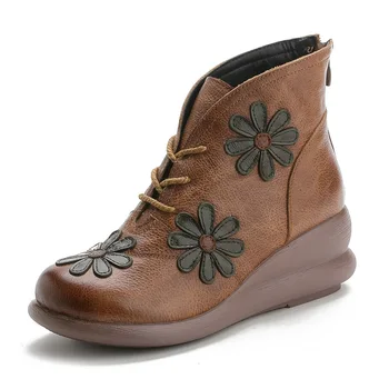 

BLWBYL Winter New Genuine Leather Casual Women's Shoes Vintage Flower Retro Handmade Women Ankle Boots with Fur Booties