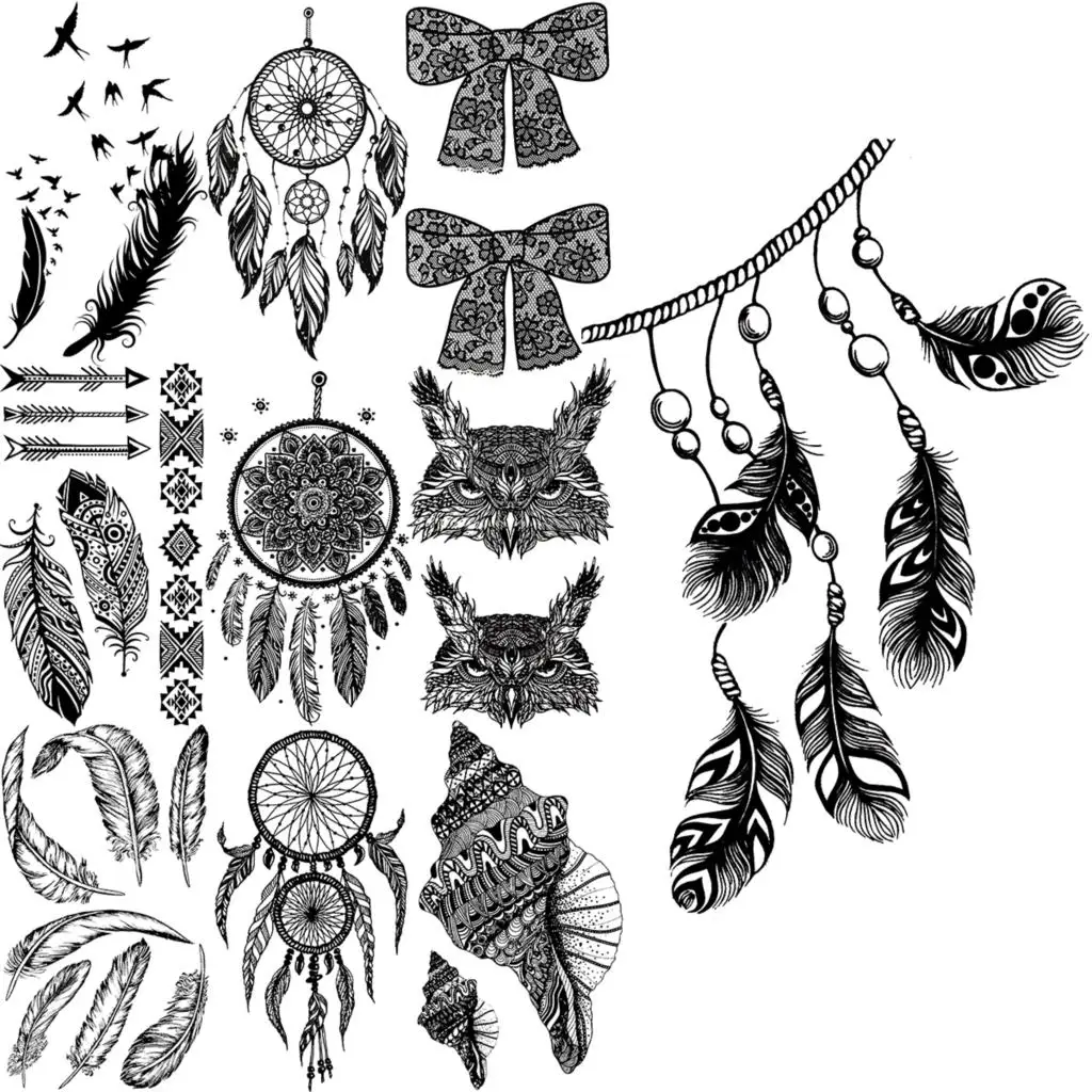 

Black Feather Temporary Tattoos For Women Men Realistic Flying Bird Dream Catcher Owl Conch Fake Tattoo Sticker Body Arm Tatoos