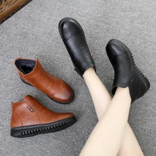 Black Leather Ankle Boots Woman Winter Plush Shoes For Women Waterproof Cozy Furry Boots Concise Women's Autumn Shoes Fur Boots