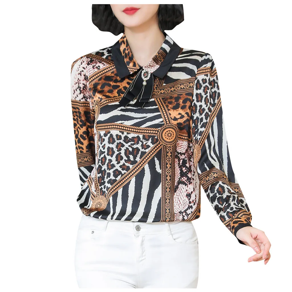 Poleras mujer de moda camiseta mujer футболка Женская Офисная рубашка с отложным воротником Женская шифоновая рубашка с принтом и длинным рукавом
