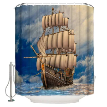

Blue Sea Sailing Boat Retro Style Shower Curtain Waterproof Bathroom Shower Curtain With Hook Accessory Bathroom Accessories