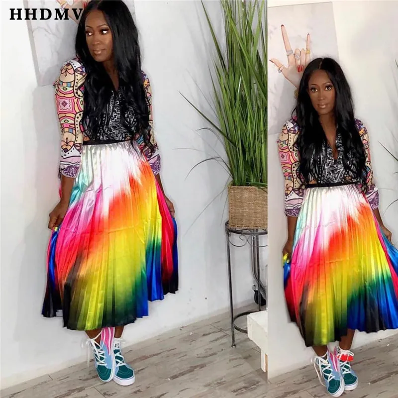 HHDMV RRK225 летние женские плиссированные юбки Повседневные цветные юбки Женская высокая уличная ветер юная Женская юбка с принтом