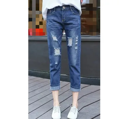 B2371 весна лето новые женские модные тонкие мешковатые нищие джинсы большого размера с дырками дешево оптом - Цвет: dark blue