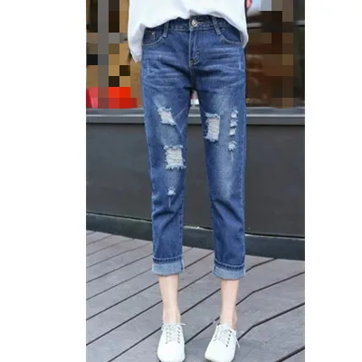 dark blue B2371 весна лето новые женские модные тонкие мешковатые нищие джинсы большого размера с дырками дешево оптом - Цвет: dark blue