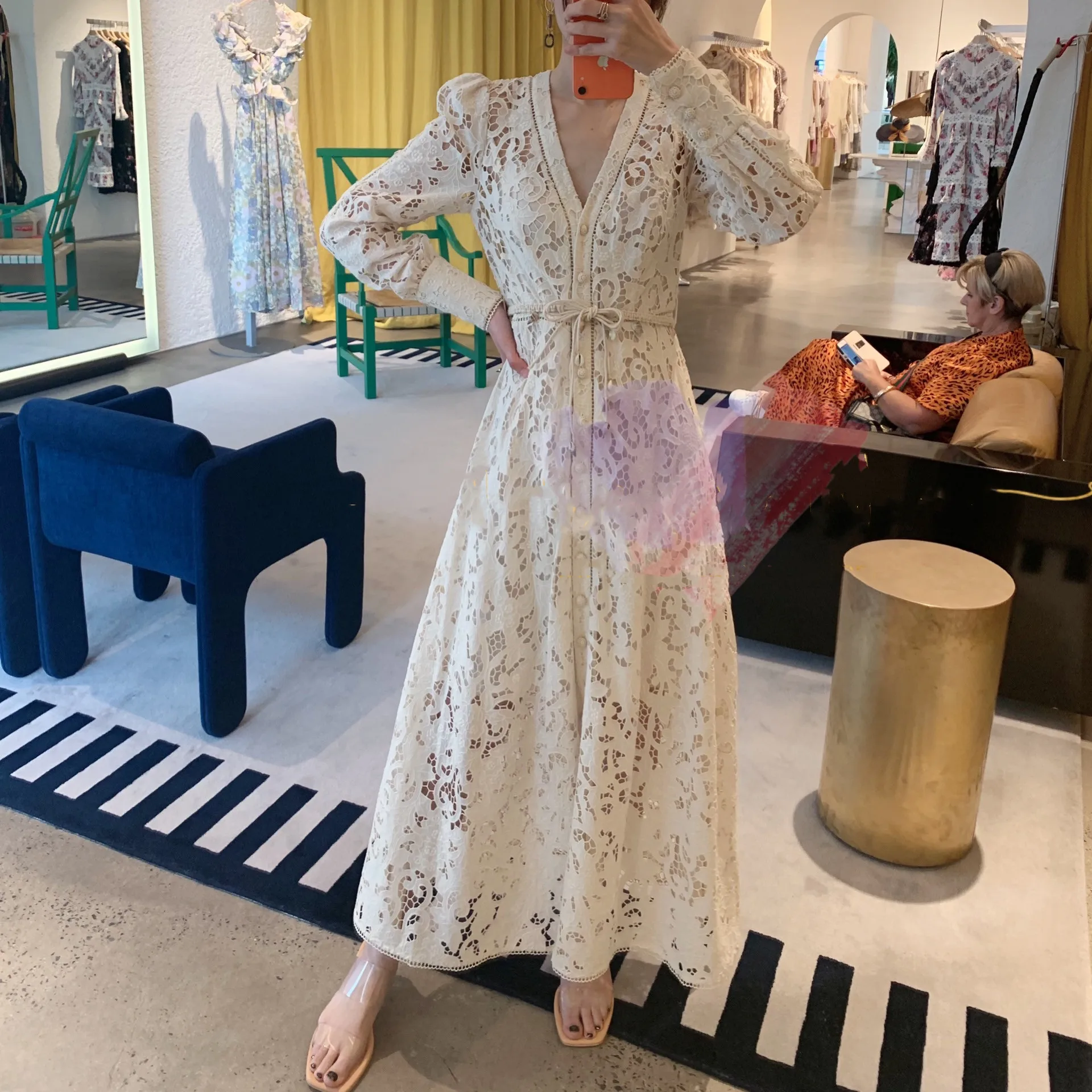 

[LIVIVIO] Embroidery Hollow Out Lace Long Sleeve V Neck Dress with Belt Women Maxi Dresses