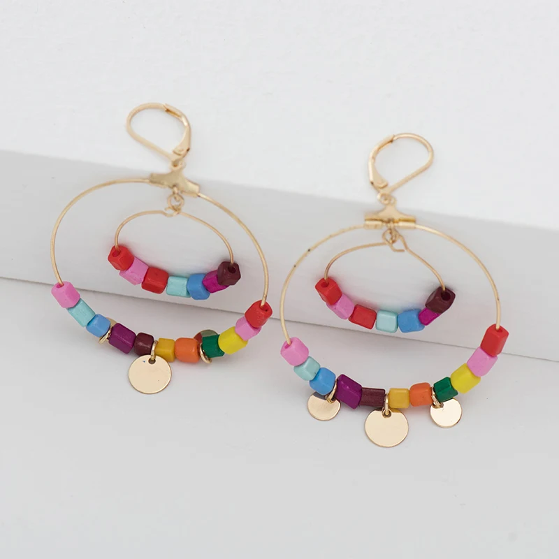 2019 Handmade Rainbow Drop Beads Round Earrings Women's Bohemian Hook Earrings