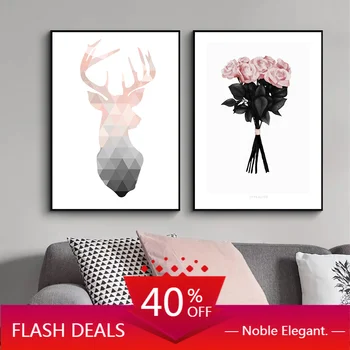 

Geometric Deer Abstract Christmas Canvas Printing Rose Flower Posters And Prints Nordic Poster Pink Home Decor Art Painting Wall