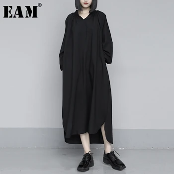 

[EAM] Women Black Brief Long Big Size Temperament Dress New V-Neck Long Sleeve Loose Fit Fashion Tide Spring Autumn 2020 1S403