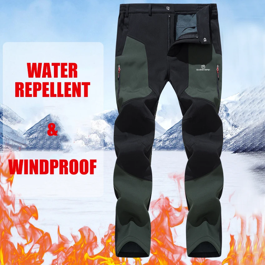 QUESHARK Men Warm Fleece Soft Shell Windproof Waterproof Cycling Pants Thermal Riding Bike Bicycle Camp Climb Hiking Trousers
