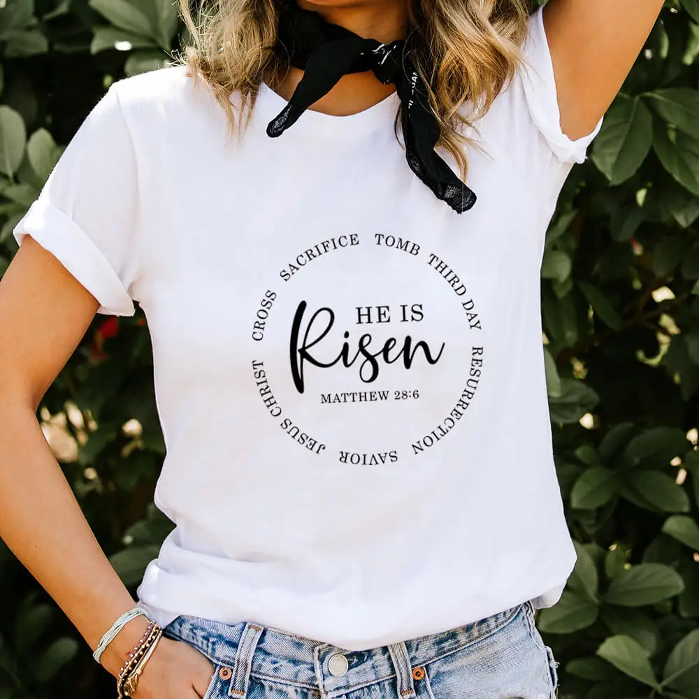 

He Is Risen 100%Cotton Women Tshirt Women's Summer Christian Shirt Faith O-Neck Short Sleeve Top Jesus Shirts Easter Shirts