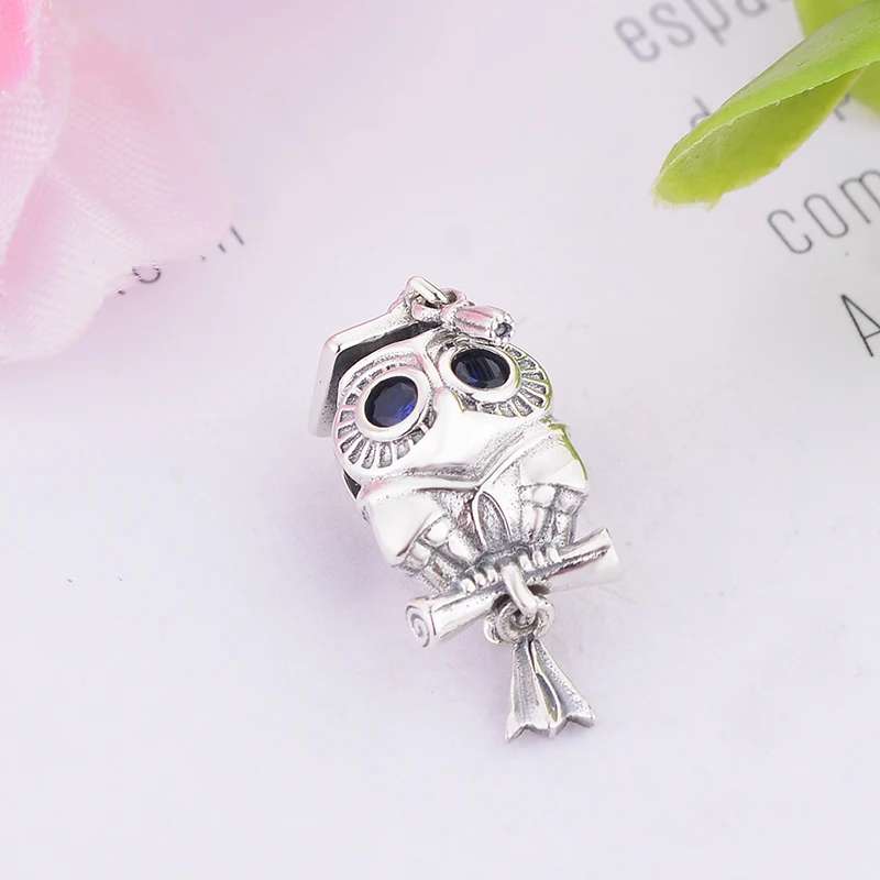 925 серебро сова синий циркониевый глаз Книга Прокрутки Выпускной шарик подходит