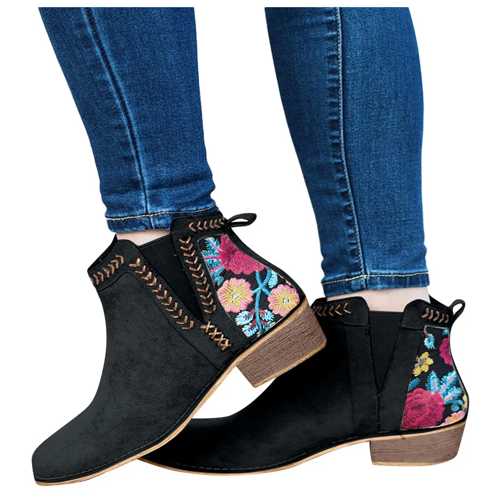 Shoes Women Autumn Winter Boots Women Casual Booties Rome Large Size Embroider Flower Square Heels Short Boots Shoes