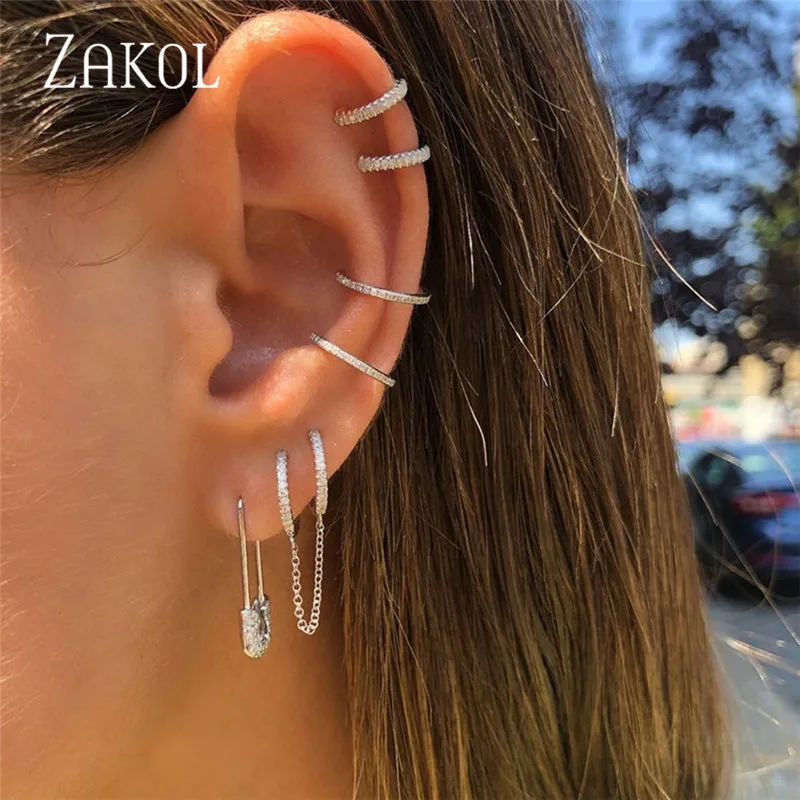 Новинка простые серьги клипсы ZAKOL с фианитами и микрозакрепкой без проколов для