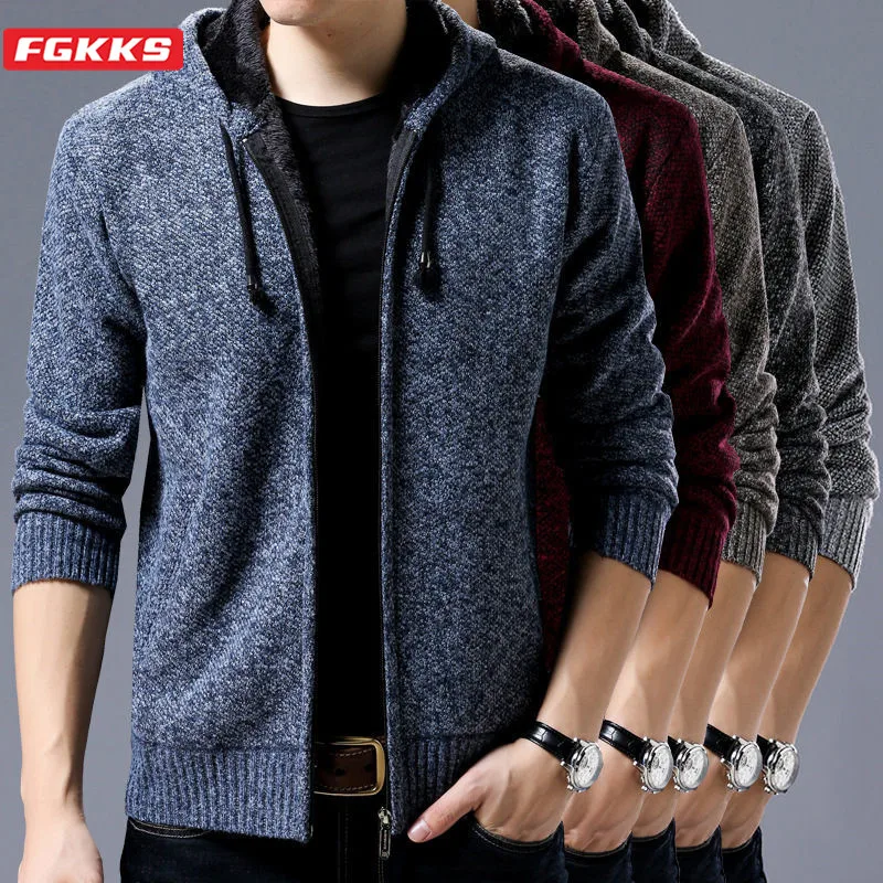 FGKKS Slim Sweater Coat Men Winter Thick Warm Hooded Cardigan Jumpers Men Solid Fleece Liner Zipper Fleece Coats Male FGKKS Slim Sweater Coat Men Winter Thick Warm Hooded Cardigan Jumpers Men Solid Fleece Liner Zipper Fleece Coats Male
