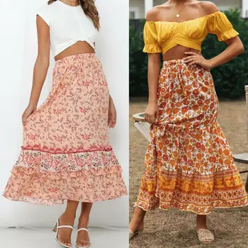 

Female Floral Pattern Beach Skirts New Loose Ruffles Elastic High Waisted Long Skirt Women Summer Spring Holiday Maxi Underskirt