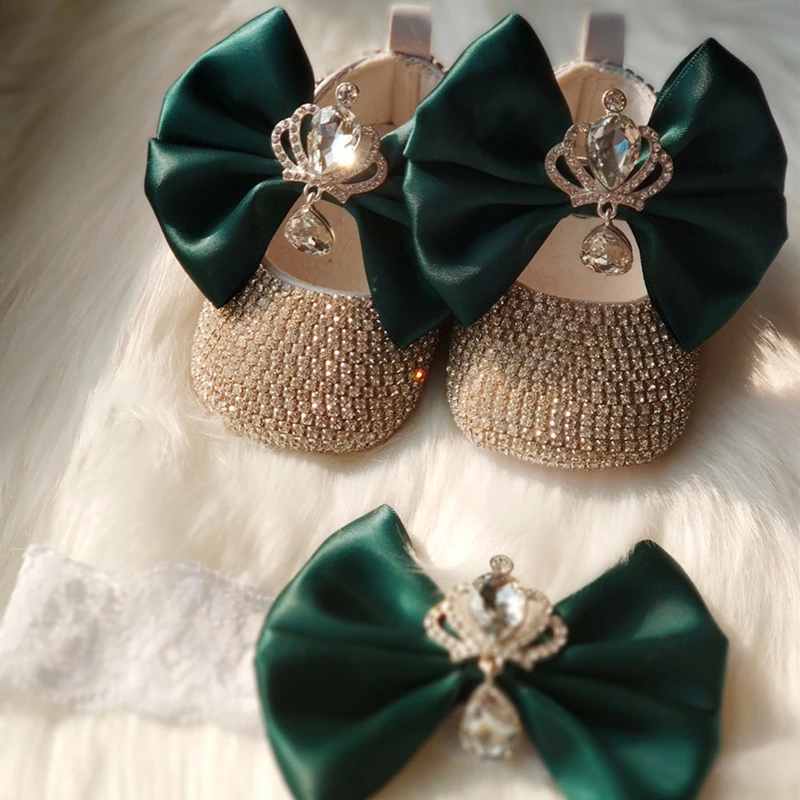 Dollbling Emerald Crown Baby Cirb Shoes Green Bow Headband Set Bling Bebe Name Ballet 100 Day Ballerina Princess Girl First Wa