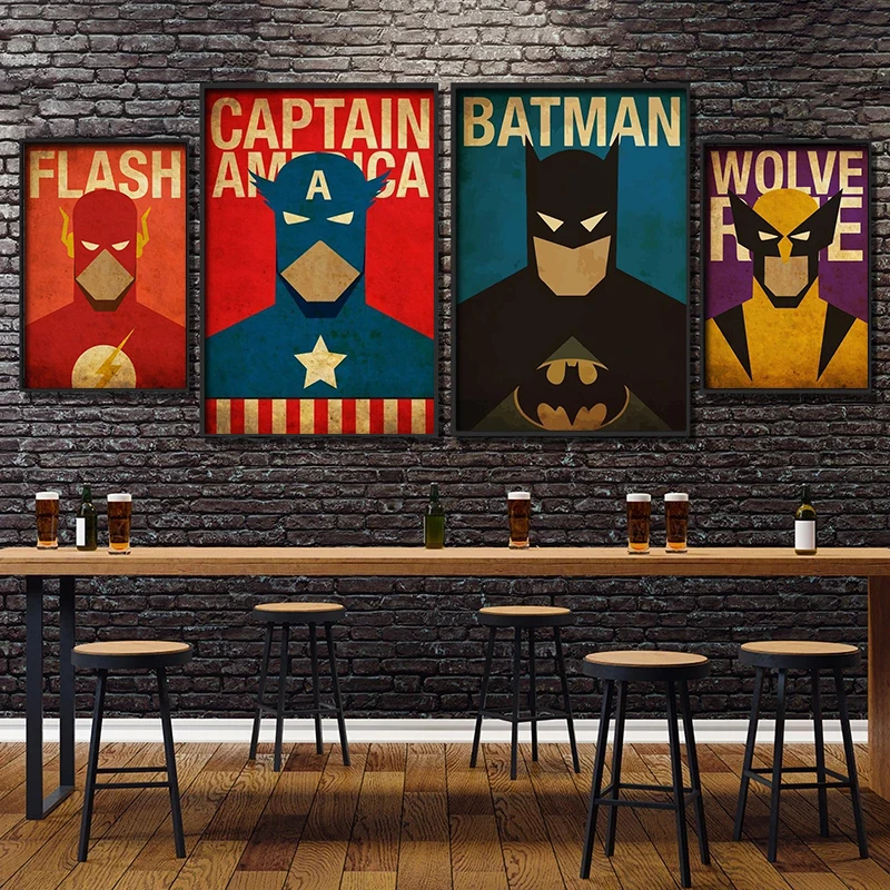 Винтажные принты Marvel на холсте супергерои Бэтмен Железный человек Капитан