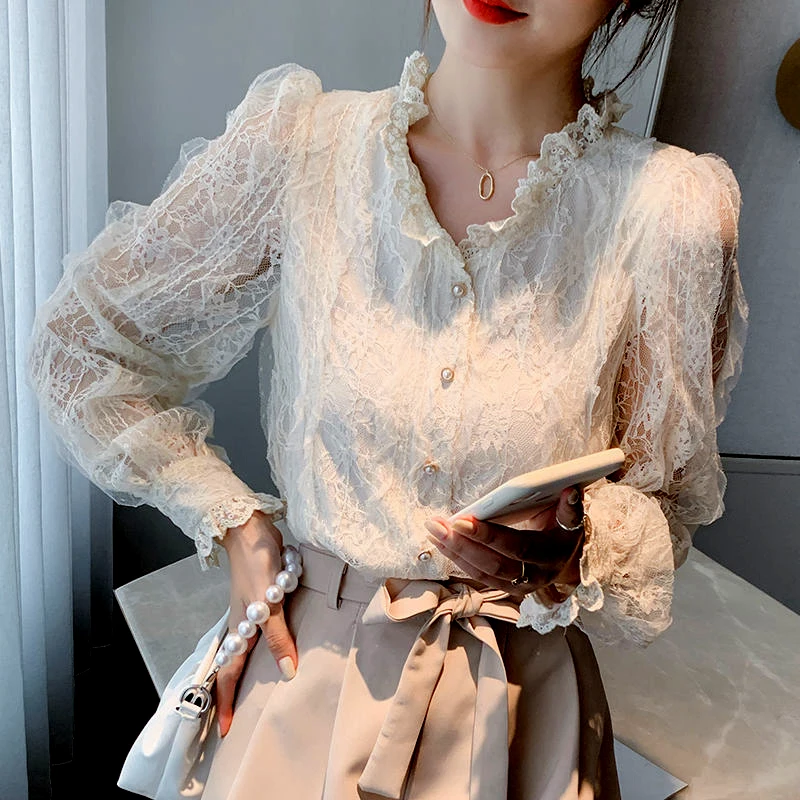 

Chic Button Hollow Out Flower Lace Patchwork Shirt Stand Collar Femme Blusas Sleeve Women Elegant Blouses Autumn Spring