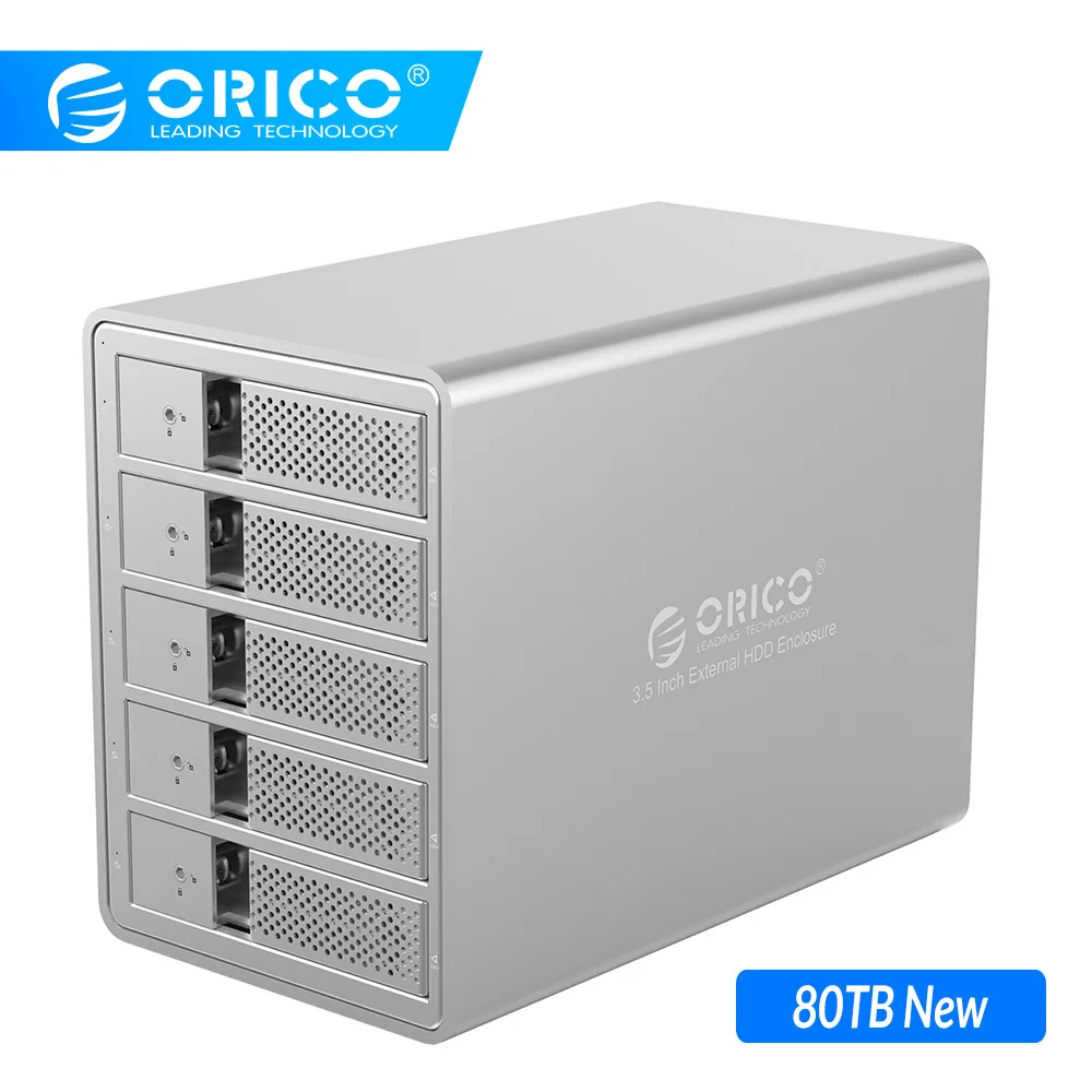 ORICO Алюминий 5 Bay 3,5 ''SATA к USB 3,0 HDD док-станция Поддержка 80 ТБ UASP Добавить 150 Вт внутренний адаптер питания чехол для SSD, HDD