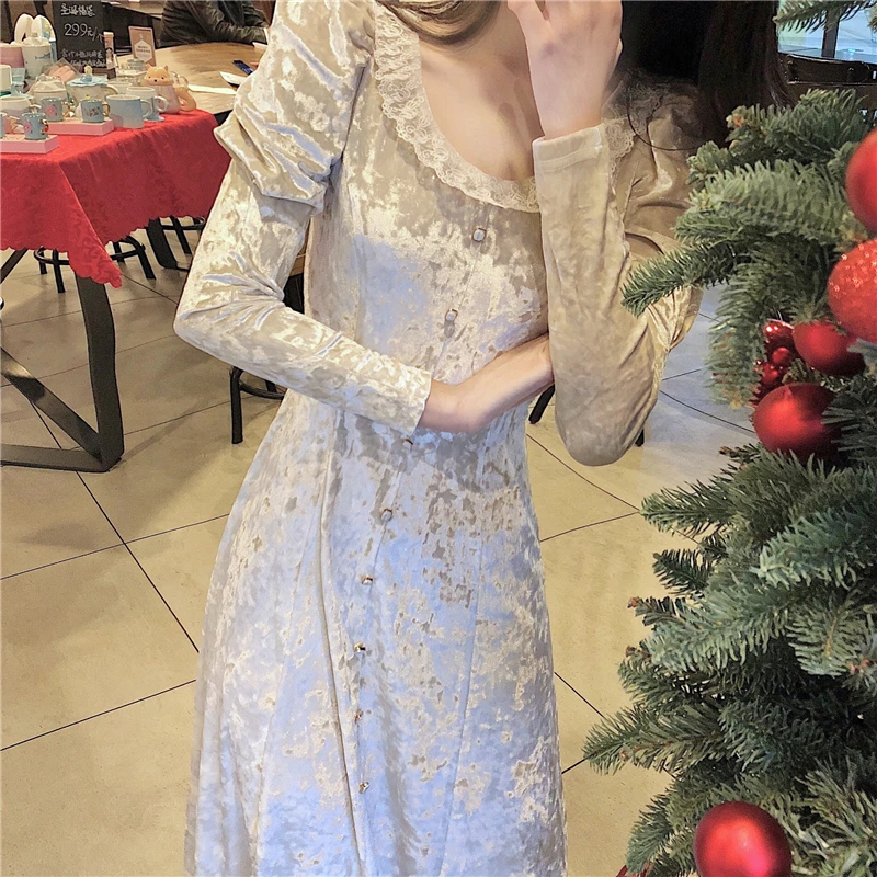Long Sleeves Vintage Ladies Dress Fashion Casual Solid Mid-Calf High Waist Spring O-Neck Elegant Women Chic A-Line | Женская одежда