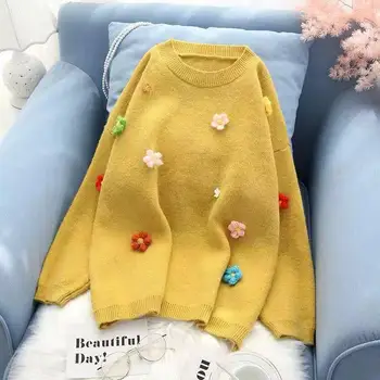 

Fashion Knit Sweater Girl Pullover Round Neck Autumn and Winter Korean Flower Loose Wild Sweater Winter Clothes Women