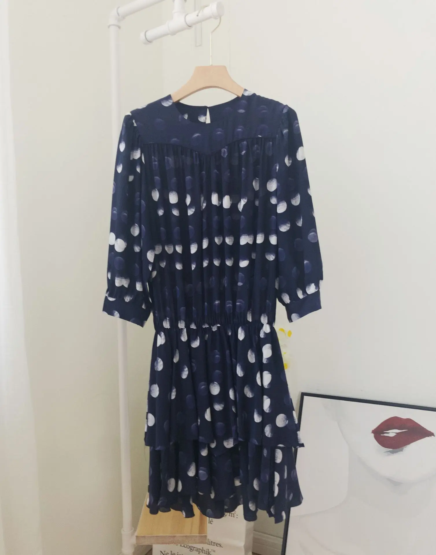 

Women Dress 2019 Retro Temperament Gradient Dot Three Quarter Sleeve Short Silk Cake Dress