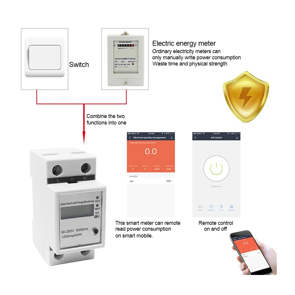 WiFi Smart Energy Meter Single Phase DIN-rail App Wattmeter Power Consumption Analyzer Voltage Current Meter 220V 50Hz
